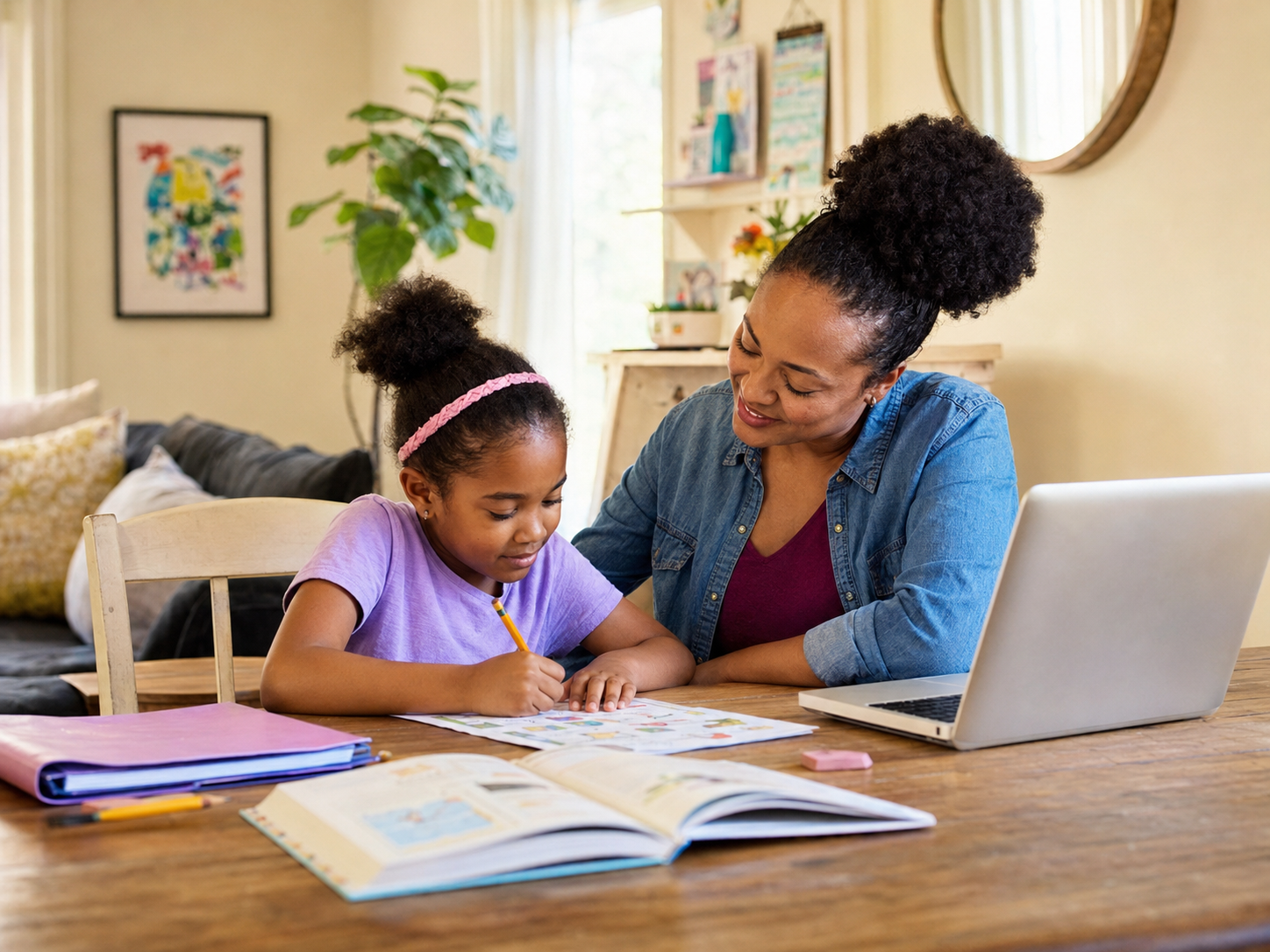 A mother guiding her daughter through a homeschool activity at the table