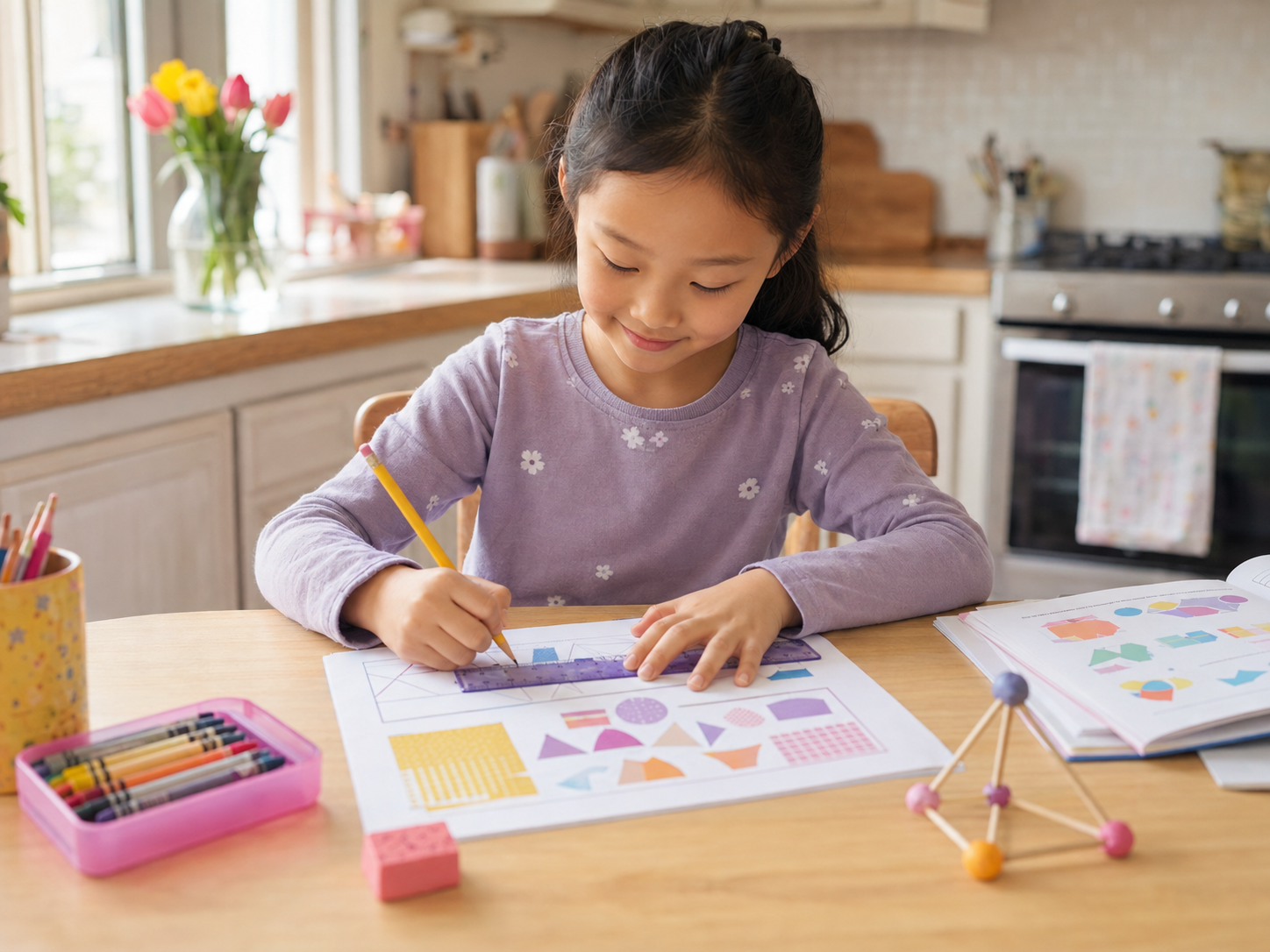 An elementary girl completing a printable learning activity at a table
